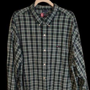Chaps Easy Care Men's XLT Long-sleeves Navy Blue & Green Plaid Button-up Shirt